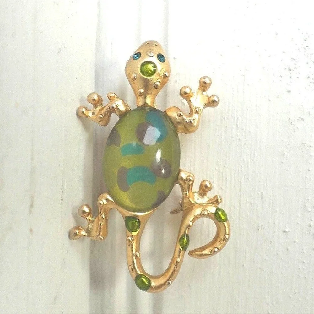 Vintage Lizard Brooch Gold Tone Green Purple Polka‎ Dots Y2K Maximalism Jewelry